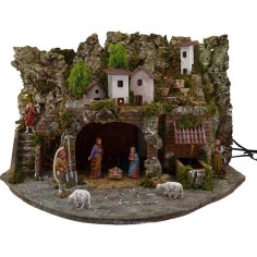 Nativity scene with fountain-fire and lights complete with