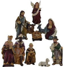 Conjunto de 11 figuras de 9 cm para el belén: Natividad, Reyes Magos, ángel, pastor y
