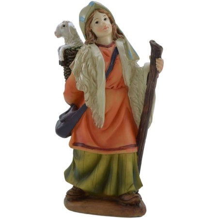 Mujer con cordero en la cesta 15 cm en resina Mondo Presepi