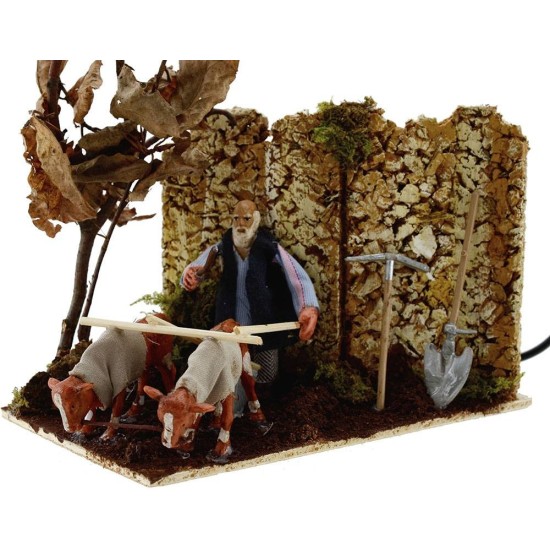 Campesino de 8 cm en movimiento con arado y bueyes, 3