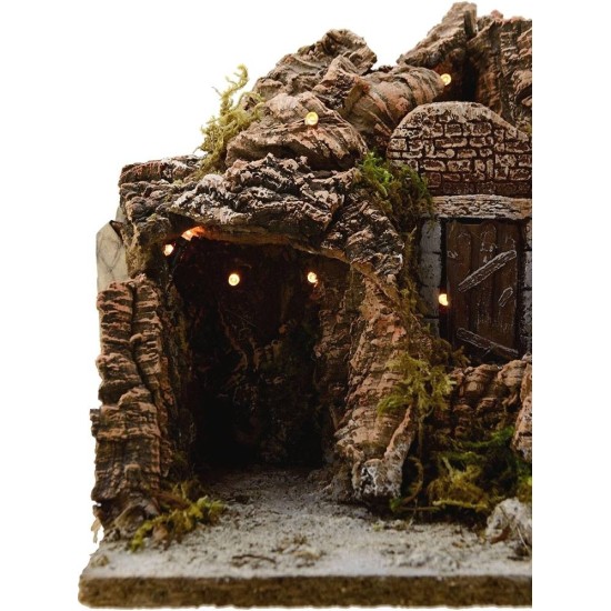 Belén con cueva y luces de 25x20x25 cm de altura. Mundo