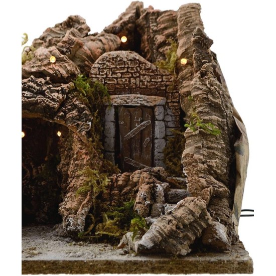 Belén con cueva y luces cm 25x20x25 h.