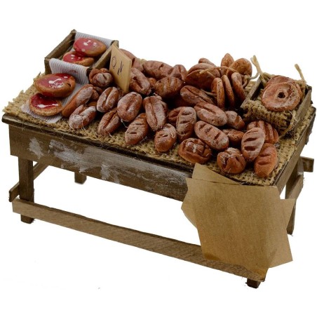 Banco in legno con pane e pizze 13x7x7,5 h. Mondo Presepi