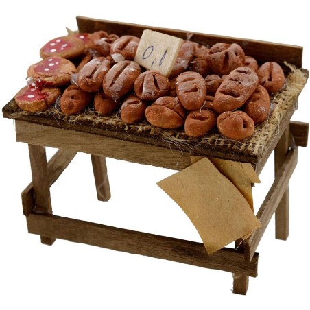 Banco de madera con pan y pizzas 9x6x6,5 h. Mondo Presepi