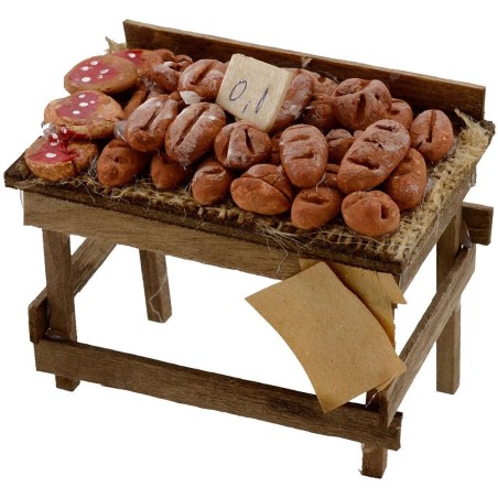 Banco in legno con pane e pizze 9x6x6,5 h. Mondo Presepi