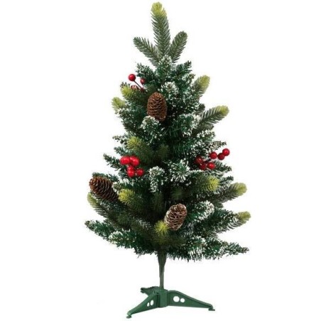 Árbol de Navidad nevado de 60 cm con bayas rojas y piñas.