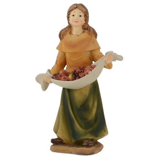 Muchacha con cesta de frutas en resina 15 cm