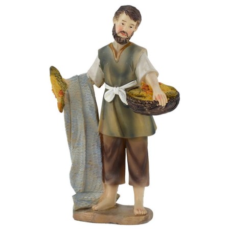 Pescatore con cesto di pesce resina 15 cm Mondo Presepi
