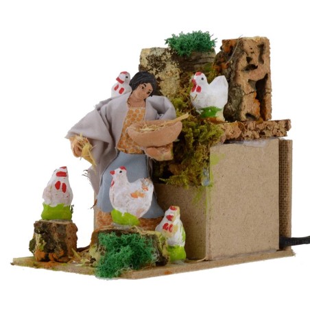Contadina con galline 10 cm in movimento per presepe