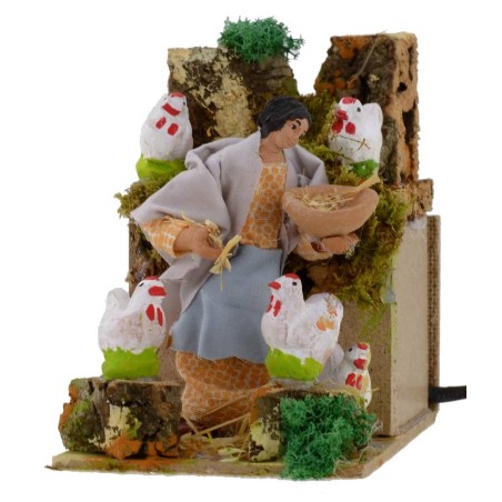 Contadina con galline 10 cm statua in movimento per presepe
