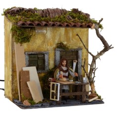 Falegname in movimento cm 10 con casa illuminata Mondo Presepi