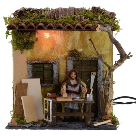 Falegname in movimento cm 10 con casa illuminata Mondo Presepi