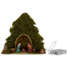 Árbol con cabaña y Natividad iluminados con led a pilas de