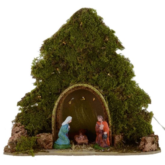 Árbol con cabaña y Natividad iluminados con luces LED a pilas cm