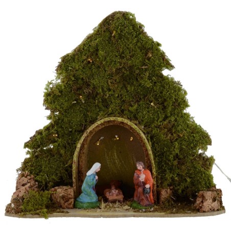 Árbol con cabaña y Natividad iluminados con luces LED a pilas cm
