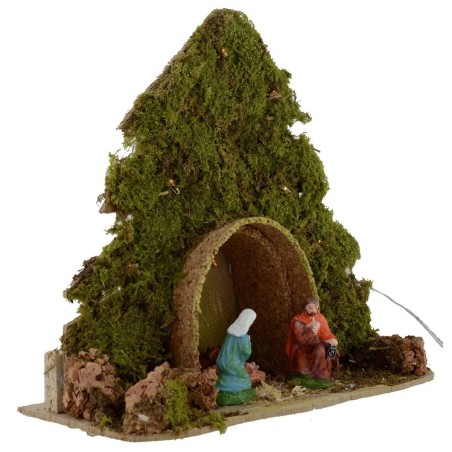 Árbol con cabaña y Natividad iluminados con led a pilas de