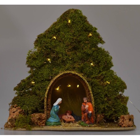 Albero con capanna e Natività illuminati con led a pile cm