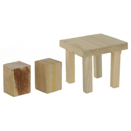 Mesa con taburetes de madera para estatuas de 12 a 15 cm.