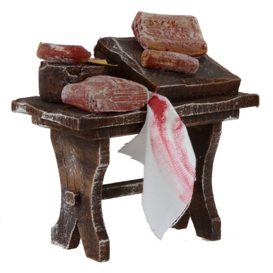 Banco de madera con carne y embutidos de 7x4x7,5 cm para