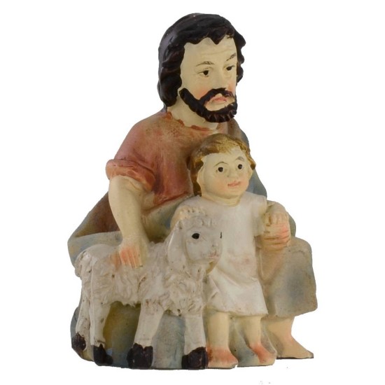 Shepherd sitting with child and lamb series 9 cm in resin