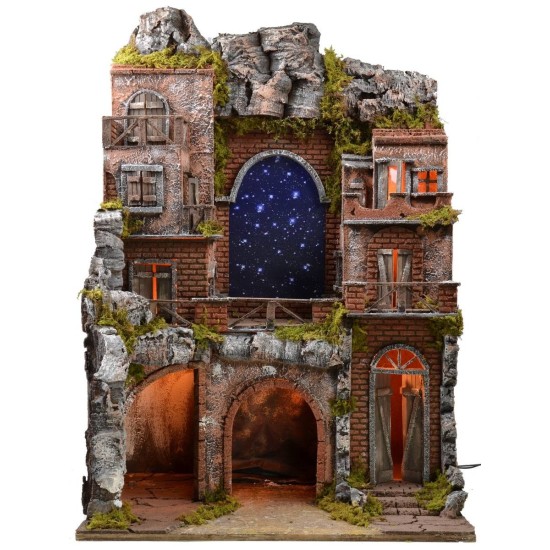 Illuminated nativity scene with fiber optic starry sky cm