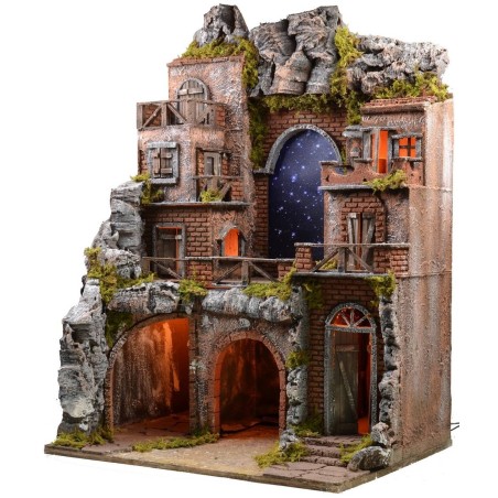 Belén iluminado con cielo estrellado de fibra óptica cm