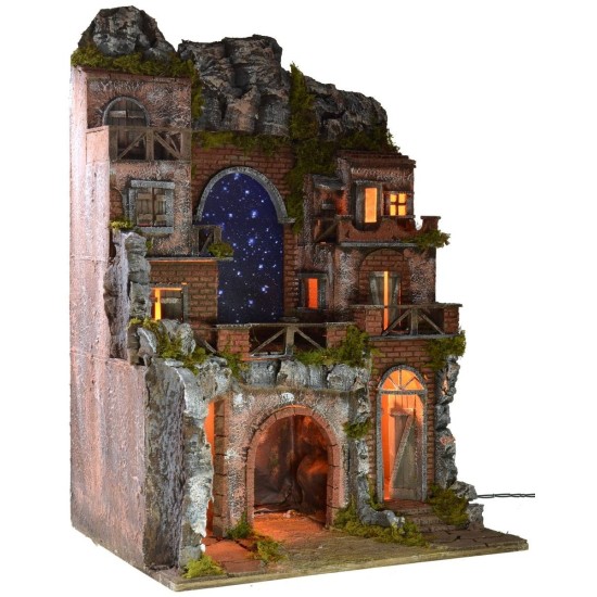 Illuminated nativity scene with fiber optic starry sky cm