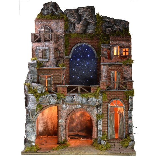 Illuminated nativity scene with fiber optic starry sky cm