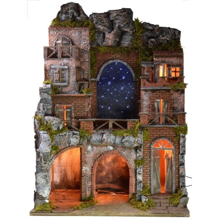 Illuminated nativity scene with fiber optic starry sky cm
