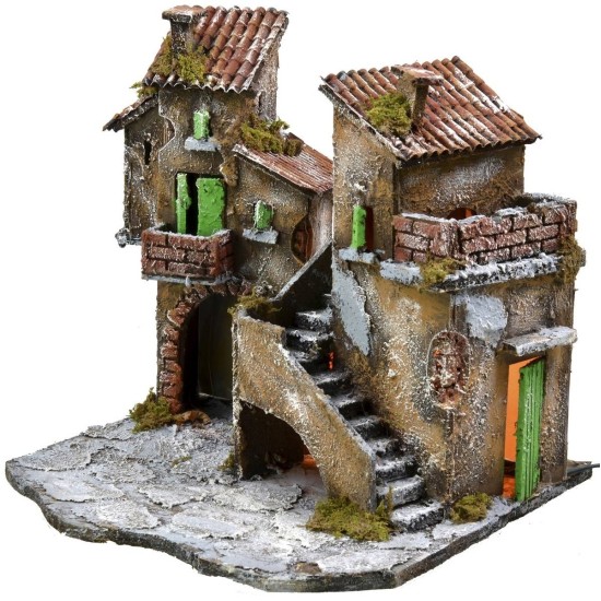 Cortile con case e luci cm 31,5x30x31 h Mondo Presepi