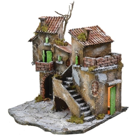 Cortile con case e luci cm 31,5x30x31 h Mondo Presepi