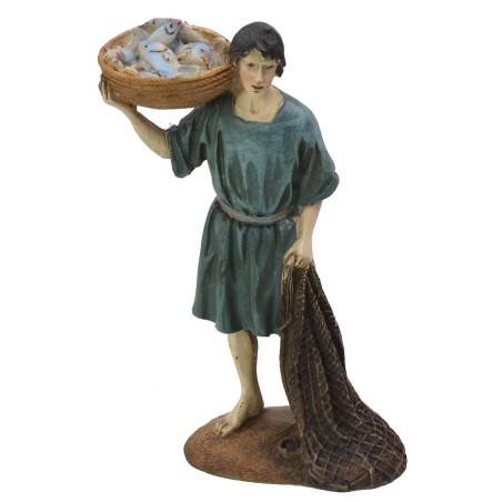 Pescador con cesta y red en resina pintada 12