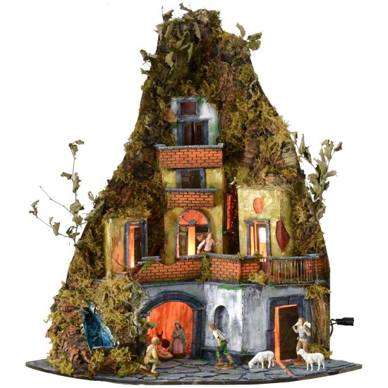 Complete nativity scene with Landi statues, working lights, and waterfall