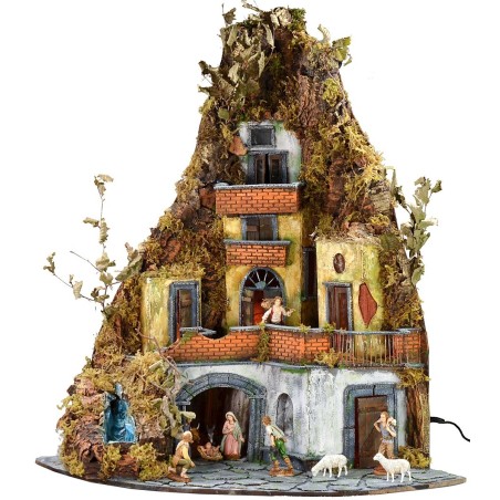 Complete nativity scene with Landi statues, working lights, and waterfall