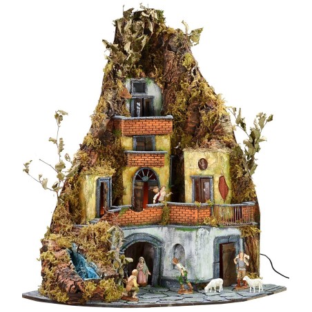 Presepe completo di statue Landi con luci e cascata funzionante