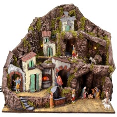 Pesebre iluminado completo con estatuas Landi con fuente, fuego