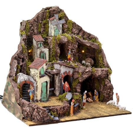 Pesebre iluminado completo con estatuas Landi con fuente, fuego