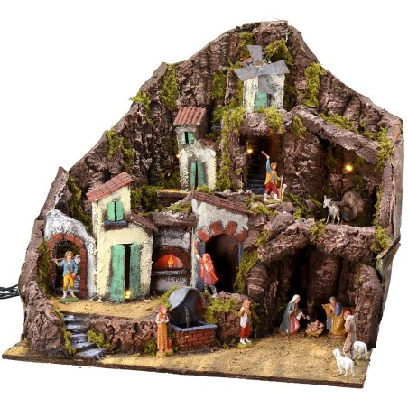 Illuminated nativity scene complete with Landi statues with