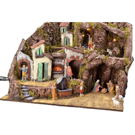 Pesebre iluminado completo con estatuas Landi con fuente, fuego
