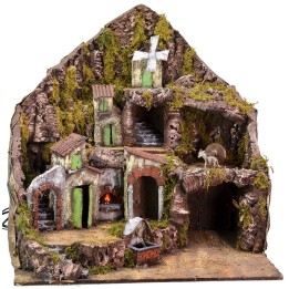 Nacimiento iluminado con fuente, fuego y molino en funcionamiento cm