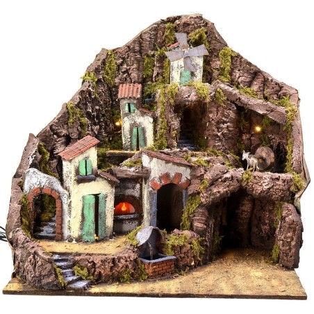 Presepe illuminato con fontana, fuoco e mulino funzionanti cm