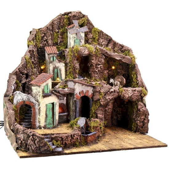 Illuminated nativity scene with functioning fountain, fire and