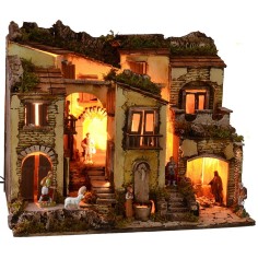 Illuminated nativity scene complete with Landi statues with 2