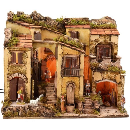 Illuminated nativity scene complete with Landi statues with