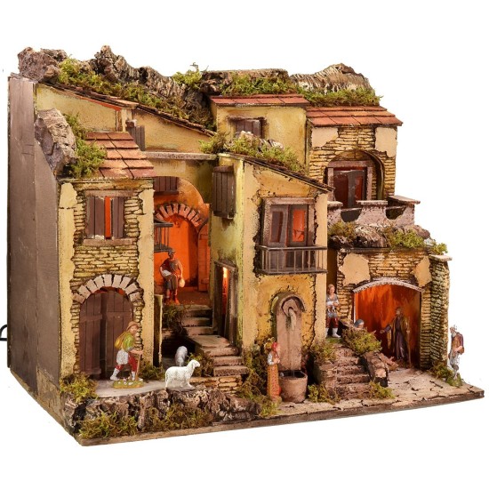 Presepe illuminato completo di statue Landi con fontana