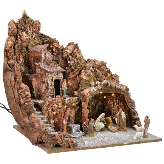 Illuminated nativity scene complete with Landi statues with