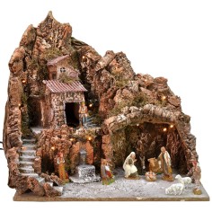 Illuminated nativity scene complete with Landi statues with
