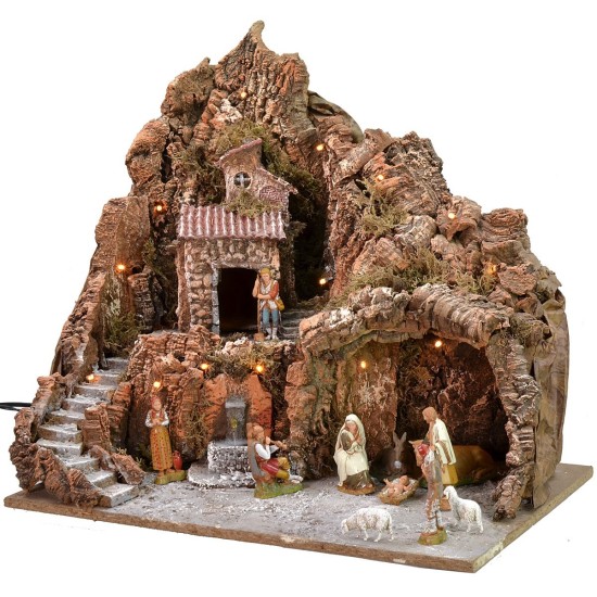 Illuminated nativity scene complete with Landi statues with