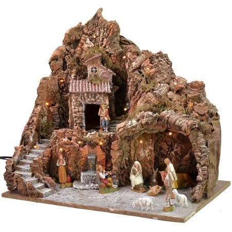 Illuminated nativity scene complete with Landi statues with