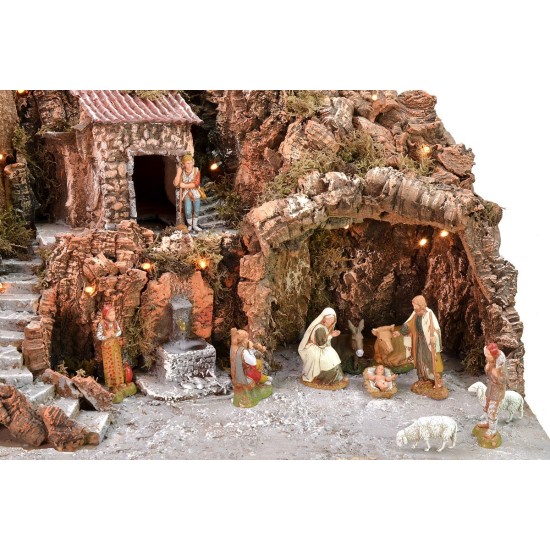 Illuminated nativity scene complete with Landi statues with